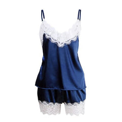 Sexy Summer Lace Pajamas Sleepwear for Women Sleeveless Spaghetti Strap Pyjamas Satin Cami Top + Shorts Pajamas Sets Nightwear