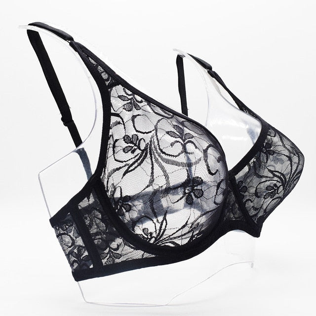 Sexy Women Embroidery Lace Sheer Bra Bralette Unpadded Sexy Lingerie Plus Size Plunge See Through Brassiere Bh 32-52 A B C D Cup