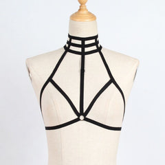 Sexy Women Gothic Cage Elastic Bandage  Choker Open Cup Bra Top Body Cross Crop Straps Bra