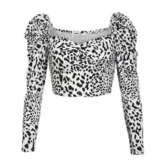 Sexy Women Leopard Crop Tops Blouse Ladies Deep U Collar Long Sleeve Printing Shirts Pullovers High Street Slim Blusa Chemise OL