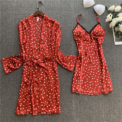 Silk Sleepwear Sets Lingerie with Robe Women Home Clothes Satin Pajamas Dress Nigty Sleep Long Sleeve Nightgown Lounge Wear Set
