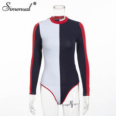 Simenual 2019 Autumn patchwork bodysuit women clothing fashion streetwear long sleeve bandage sexy bodysuits female one piece