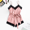 Image of Spaghetti Strap Bodysuit Silk V-neck Lace Nightwear Household Clothes Plus Size Onesie Women Sexy Lingerie Romper Pajamas