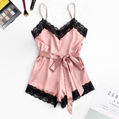 Spaghetti Strap Bodysuit Silk V-neck Lace Nightwear Household Clothes Plus Size Onesie Women Sexy Lingerie Romper Pajamas
