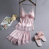 Image of Spring Sleeveless Sleepwear Set Negligee Set Sexy Satin Sleepwear Women Flower Silk Padded Lingerie Sets Female