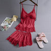 Image of Spring Sleeveless Sleepwear Set Negligee Set Sexy Satin Sleepwear Women Flower Silk Padded Lingerie Sets Female