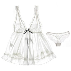 Summer Deep V Backless Sexy Lingerie Temptation Transparent Silk Nightdress Sling Night Coat Ultra Short White Pajamas Babydoll