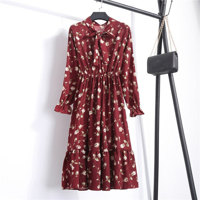 Summer Korean Chiffon Women Dress Elegant Ladies Vintage Long Dress Boho Floral Office Long Sleeve Vestidos Clothing 5LYQ003