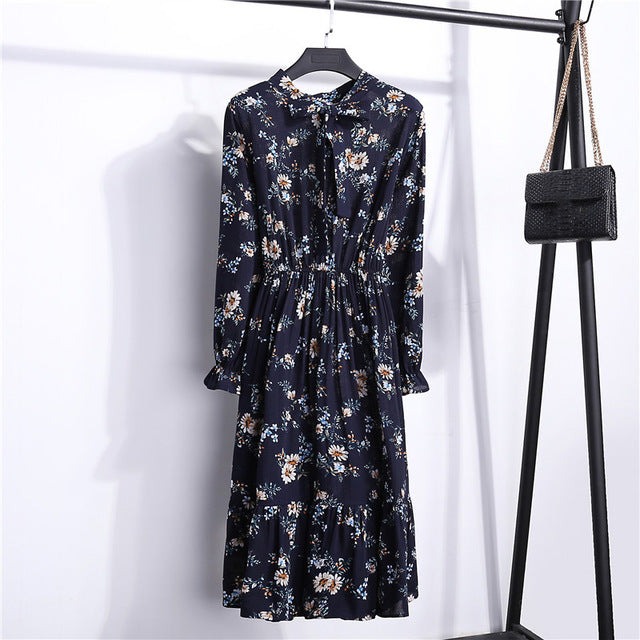 Summer Korean Chiffon Women Dress Elegant Ladies Vintage Long Dress Boho Floral Office Long Sleeve Vestidos Clothing 5LYQ003