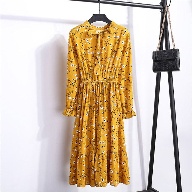 Summer Korean Chiffon Women Dress Elegant Ladies Vintage Long Dress Boho Floral Office Long Sleeve Vestidos Clothing 5LYQ003