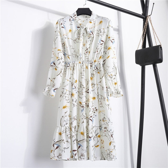 Summer Korean Chiffon Women Dress Elegant Ladies Vintage Long Dress Boho Floral Office Long Sleeve Vestidos Clothing 5LYQ003