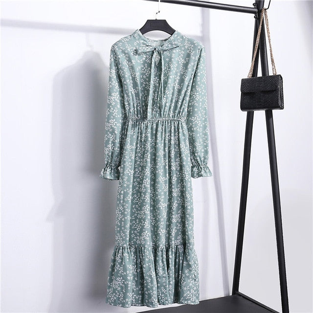 Summer Korean Chiffon Women Dress Elegant Ladies Vintage Long Dress Boho Floral Office Long Sleeve Vestidos Clothing 5LYQ003