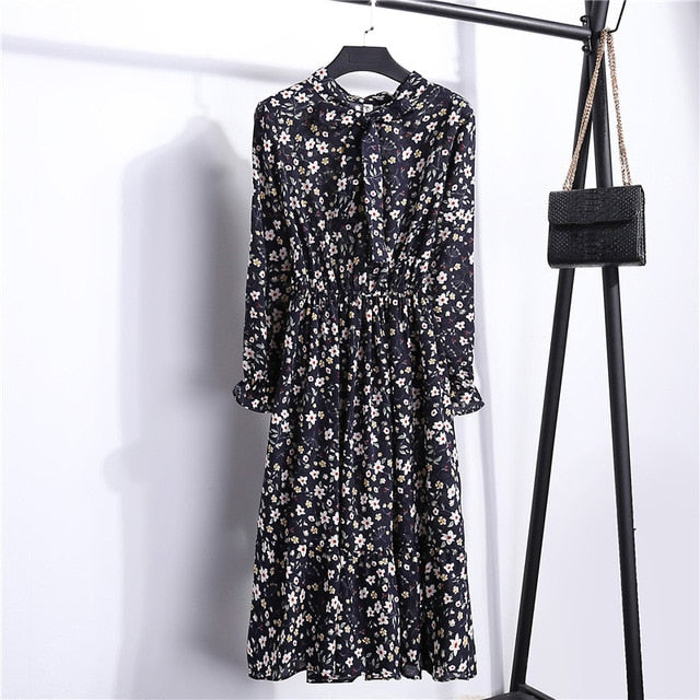 Summer Korean Chiffon Women Dress Elegant Ladies Vintage Long Dress Boho Floral Office Long Sleeve Vestidos Clothing 5LYQ003