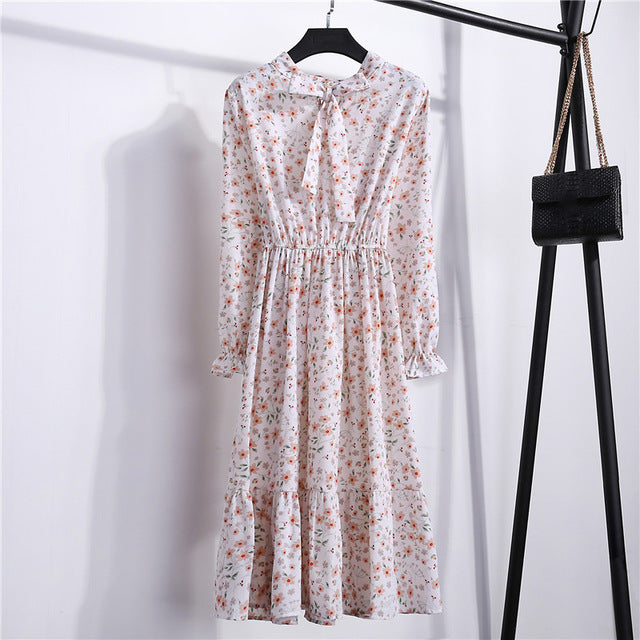 Summer Korean Chiffon Women Dress Elegant Ladies Vintage Long Dress Boho Floral Office Long Sleeve Vestidos Clothing 5LYQ003