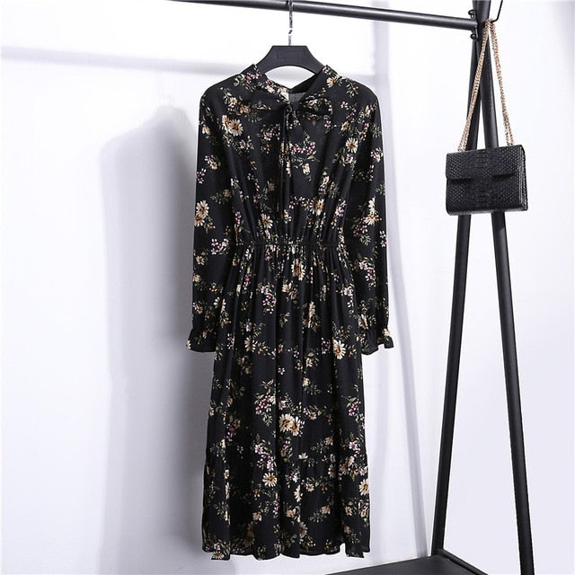 Summer Korean Chiffon Women Dress Elegant Ladies Vintage Long Dress Boho Floral Office Long Sleeve Vestidos Clothing 5LYQ003