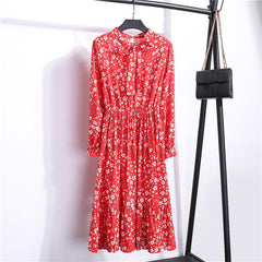 Summer Korean Chiffon Women Dress Elegant Ladies Vintage Long Dress Boho Floral Office Long Sleeve Vestidos Clothing 5LYQ003