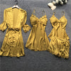 Image of Summer New 4 Pcs Set Women Pyjama Satin High Quality Lace Sexy Sleepwear With Chest Pad Pajamas
