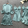 Image of Summer New 4 Pcs Set Women Pyjama Satin High Quality Lace Sexy Sleepwear With Chest Pad Pajamas