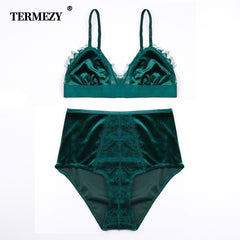 TERMEZY 2019 New Fashion Women Velvet Bra set Underwear High Waist Panties Soft Trim lingerie Set Push Up brassiere Bralette