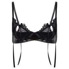 TiaoBug Patent Leather Wetlook Lingerie Spaghetti Straps Transparent Mesh Open Cup Erotic Bralette Wire-free Women Sexy Bra Tops