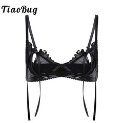 TiaoBug Patent Leather Wetlook Lingerie Spaghetti Straps Transparent Mesh Open Cup Erotic Bralette Wire-free Women Sexy Bra Tops