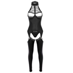 TiaoBug Women Black Halter Open Cup Bra Tops Patent Leather Open Crotch Erotic Lingerie Set Porno G String Garter Sexy Costumes