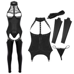 TiaoBug Women Black Halter Open Cup Bra Tops Patent Leather Open Crotch Erotic Lingerie Set Porno G String Garter Sexy Costumes