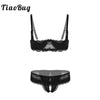 Image of TiaoBug Women Lace Lingerie Set Adjustable Straps 1/4 Cup Unlined Bra with Open Crotchless Thong Briefs Erotic Sexy Underwear