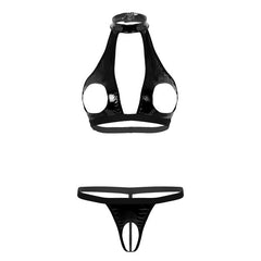 TiaoBug Women Sexy Lingerie Set Black Faux Leather Open Cup Bra Tops with Crotchless G-string Thong Open Crotch Erotic Underwear