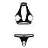 Image of TiaoBug Women Sexy Lingerie Set Black Faux Leather Open Cup Bra Tops with Crotchless G-string Thong Open Crotch Erotic Underwear