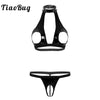 Image of TiaoBug Women Sexy Lingerie Set Black Faux Leather Open Cup Bra Tops with Crotchless G-string Thong Open Crotch Erotic Underwear