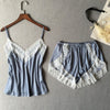 Image of VLENATLNO Women's Sleepwear Sexy Satin Pajama Set White Lace V-Neck Pyjamas Sleeveless Cute Cami Top and Shorts