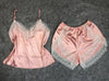 Image of VLENATLNO Women's Sleepwear Sexy Satin Pajama Set White Lace V-Neck Pyjamas Sleeveless Cute Cami Top and Shorts