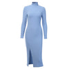 Image of WannaThis Sexy Knee-Length Party Dresses Cotton Ribbed Knitted Turtleneck Solid Split Long Sleeve Autumn Mock Neck Elegant Dress