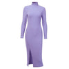 Image of WannaThis Sexy Knee-Length Party Dresses Cotton Ribbed Knitted Turtleneck Solid Split Long Sleeve Autumn Mock Neck Elegant Dress