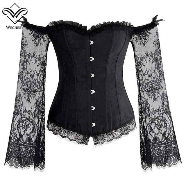 Wechery Women Steampunk Corset Sexy Long Sleeve Lace Corselet Lace Up Bustiers Korset For Posture Party Club Wedding Plus Size