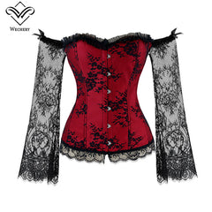 Wechery Women Steampunk Corset Sexy Long Sleeve Lace Corselet Lace Up Bustiers Korset For Posture Party Club Wedding Plus Size