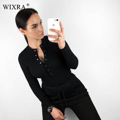 Wixra Long Sleeve Bodysuits Button Solid Playsuits All Base Match Bodycon Female Winter Spring Tops Womens Clothing