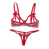 Image of Woman Sexy Bra and Brief Set Push Up Open Cup Bra Sets Sexy Lace Embroidery Thin Cup Bra Crotchless Brief Set Sexy Underwear Set