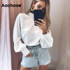 Image of Women Blouses 2019 Fashion Long Puff Sleeve Blouse Shirt Solid Elegant White Office Lady Shirt Casual Tops Blusas Chemise Femme