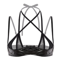 Women Bra open cup Lingerie Wetlook Patent Leather Halter Neck Front Cross Shelf Bra Top Adjustable Spaghetti Shoulder Straps