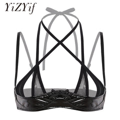 Women Bra open cup Lingerie Wetlook Patent Leather Halter Neck Front Cross Shelf Bra Top Adjustable Spaghetti Shoulder Straps