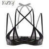 Image of Women Bra open cup Lingerie Wetlook Patent Leather Halter Neck Front Cross Shelf Bra Top Adjustable Spaghetti Shoulder Straps
