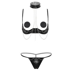 Women Erotic Lingerie Halter Neck Open Cups Bare Exposed Breasts Nipples Underwire Shelf Bra with G-string Briefs Nipple Covers