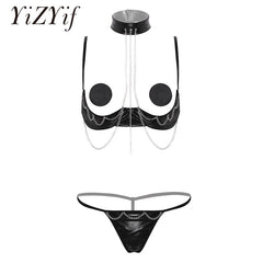 Women Erotic Lingerie Halter Neck Open Cups Bare Exposed Breasts Nipples Underwire Shelf Bra with G-string Briefs Nipple Covers