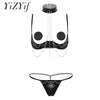 Image of Women Erotic Lingerie Halter Neck Open Cups Bare Exposed Breasts Nipples Underwire Shelf Bra with G-string Briefs Nipple Covers