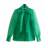 Image of Women High Street Bow Collar Transparent Organza Green Smock Shirt Blouses Women Long Sleeve Buttons Blusas Chemise Tops
