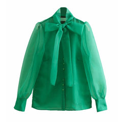 Women High Street Bow Collar Transparent Organza Green Smock Shirt Blouses Women Long Sleeve Buttons Blusas Chemise Tops