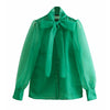 Image of Women High Street Bow Collar Transparent Organza Green Smock Shirt Blouses Women Long Sleeve Buttons Blusas Chemise Tops
