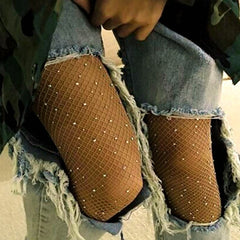 Women High Waist Diamond Fishnet Tights with Crystal Rhinestone Mesh Pantyhose Lady Net Glitter Stockings Sparkle Rave